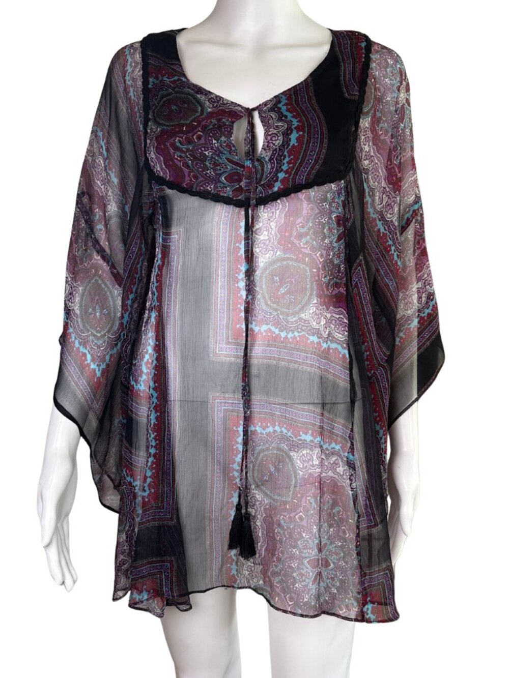 Zara Sheer Boho Blouse Medium Chiffon Paisley Tassel Tunic Top